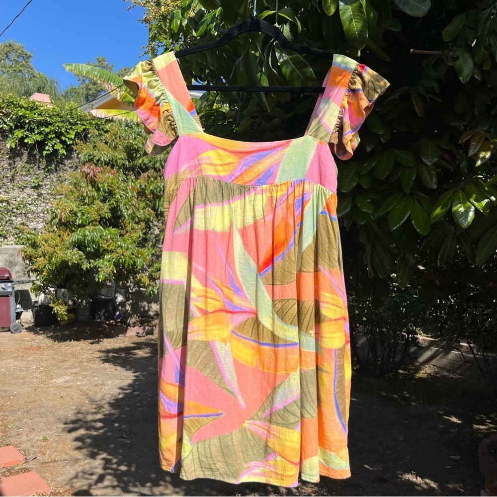 KOURT multicolor pastel‎ tropical botanical print sleeveless mini dress